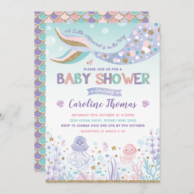 Invitación La sirena Baby Shower invita bajo fiesta del mar (Anverso / Reverso)