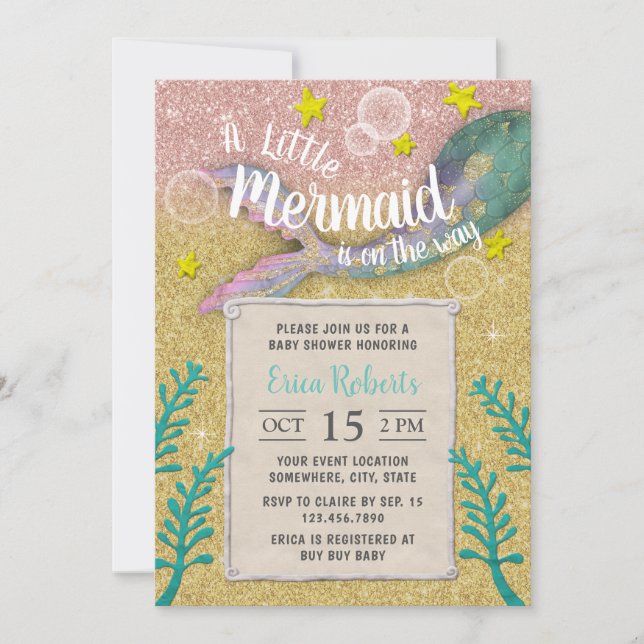 Invitación La sirena Baby Shower Under Sea Gold Purpurina (Anverso)