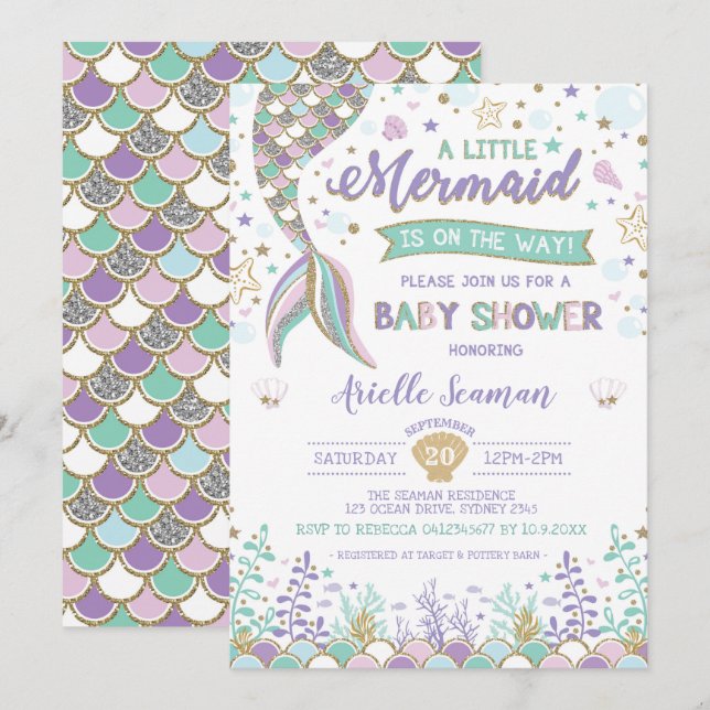 Invitación La sirena Baby Shower Under Sea Invite Beach (Anverso / Reverso)