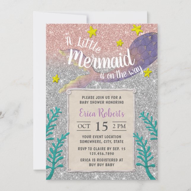 Invitación La sirena Baby Shower Under Sea Silver Purpurina (Anverso)