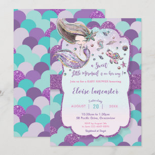 Invitación La sirena Chica de Baby Shower bajo la púrpura mar