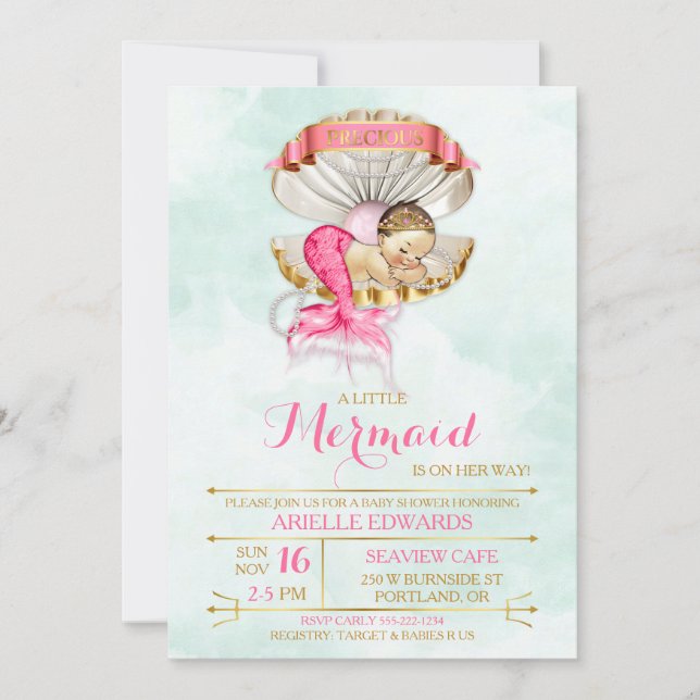 Invitación La sirena de la sirena de la bebé dice "Tiara Gold (Anverso)