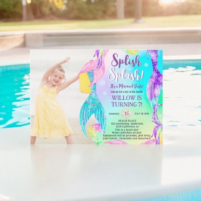 Invitación La sirena de playa cruza la foto del océano Los ni (Beach mermaid tails ocean photo Kids birthday Invitation)