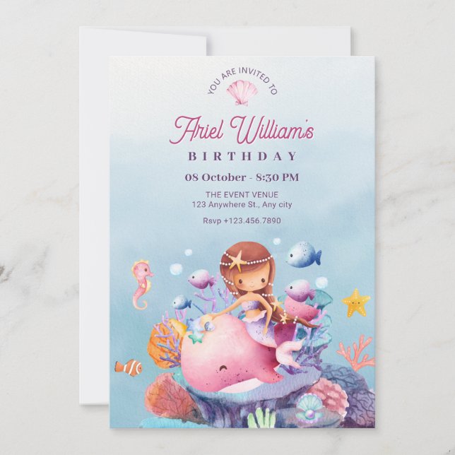 Invitación La sirena en el cumpleaños del mar (Anverso)