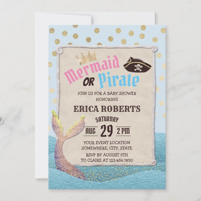 Invitación La sirena o el pirata cute polka puntos Baby Showe (Anverso)