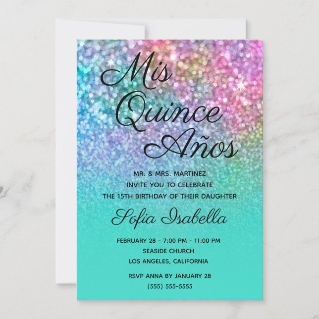 Invitación La sirena Purpurina Turquoise Ombre Mis Quince Año (Anverso)
