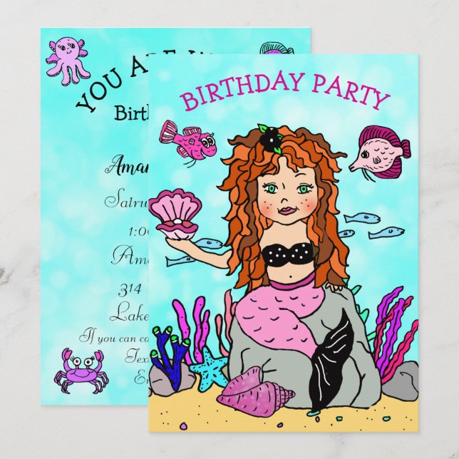 Invitación La sirena roja bajo la fiesta de cumpleaños del ma (Anverso / Reverso)