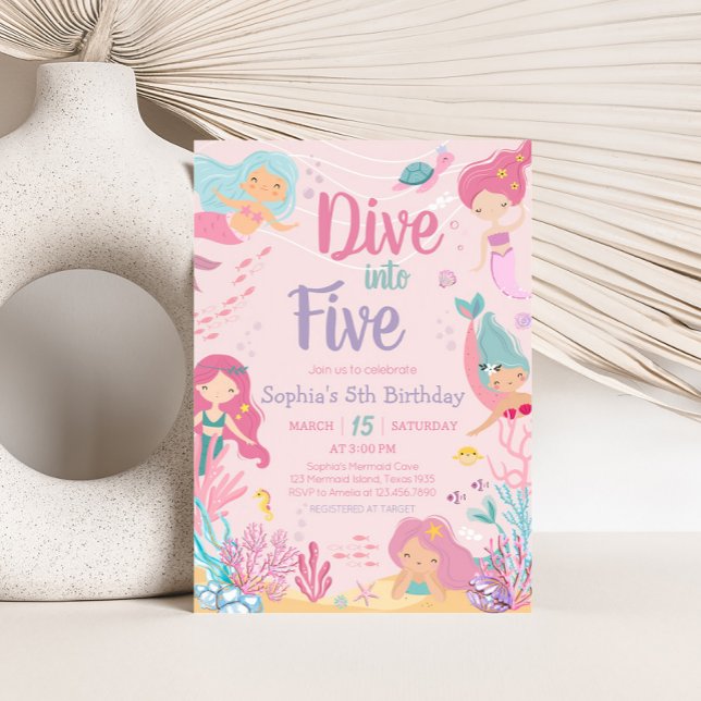 Invitación La sirena se sumerge en la fiesta de los cinco cum (Dive into Five Mermaid Birthday Party Invitation)