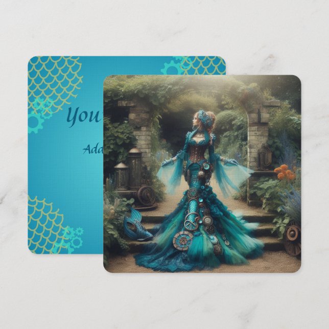 Invitación La sirena Verde azulada de Steampunk Vintage (Anverso / Reverso)