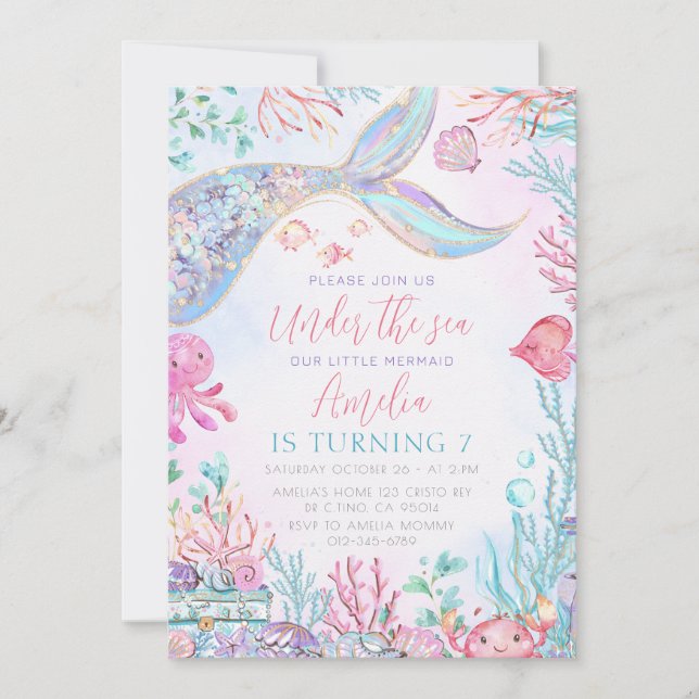 Invitación La sirenita bajo el cumpleaños del mar (Anverso)