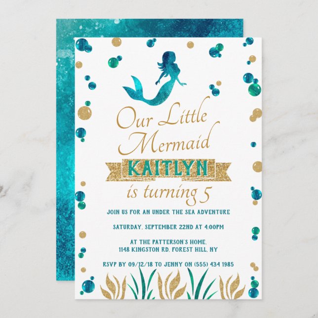 Invitación La Sirenita Bajo El Mar Chica Cualquier Cumpleaños (Anverso / Reverso)