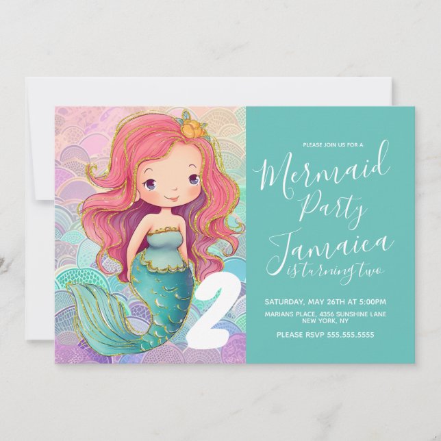 Invitación La Sirenita Escales Chicas Pink Hair Glam Fiesta d (Anverso)