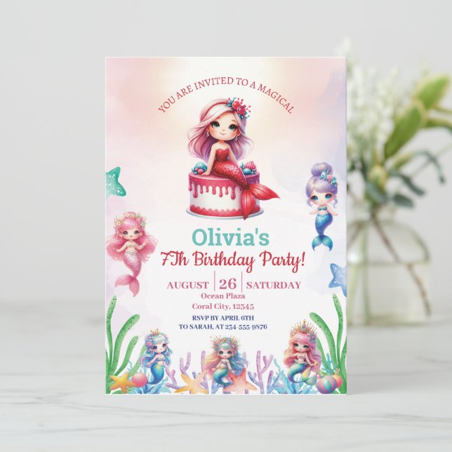 Invitación La Sirenita Mágica Chica Del Partido De Cumpleaños (Anverso de pie)