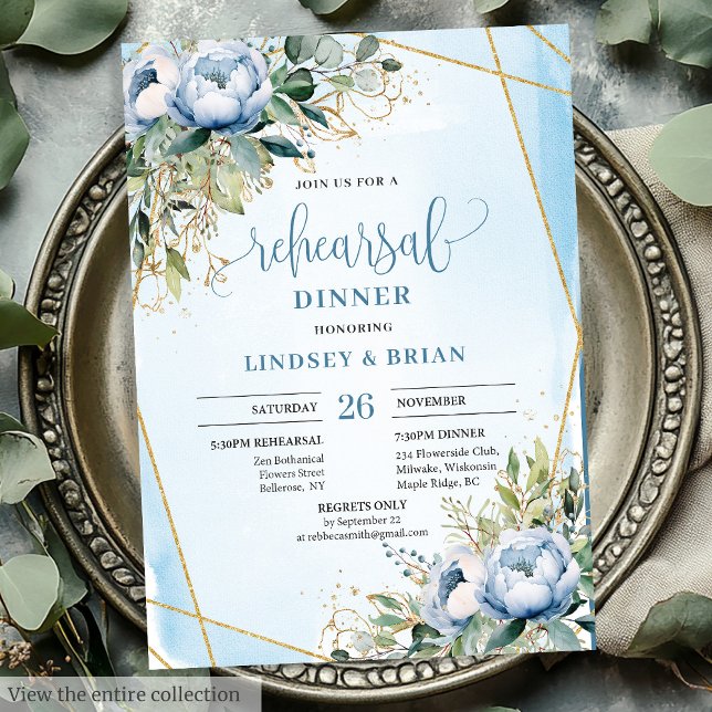 Invitación La sofisticada cena de Dusty Blue Eucalyptus (Sophisticated Dusty Blue Eucalyptus Dinner Invitation)