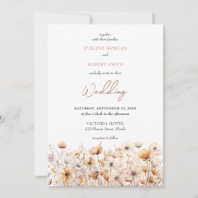 Invitación La tierra neutral Boho y el prado de flores silves (Anverso)