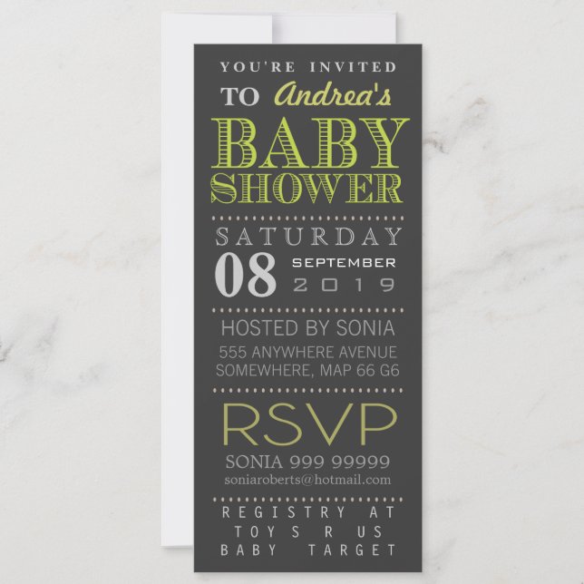 Invitación La tipografía verde moderna Baby Shower Long (Anverso)