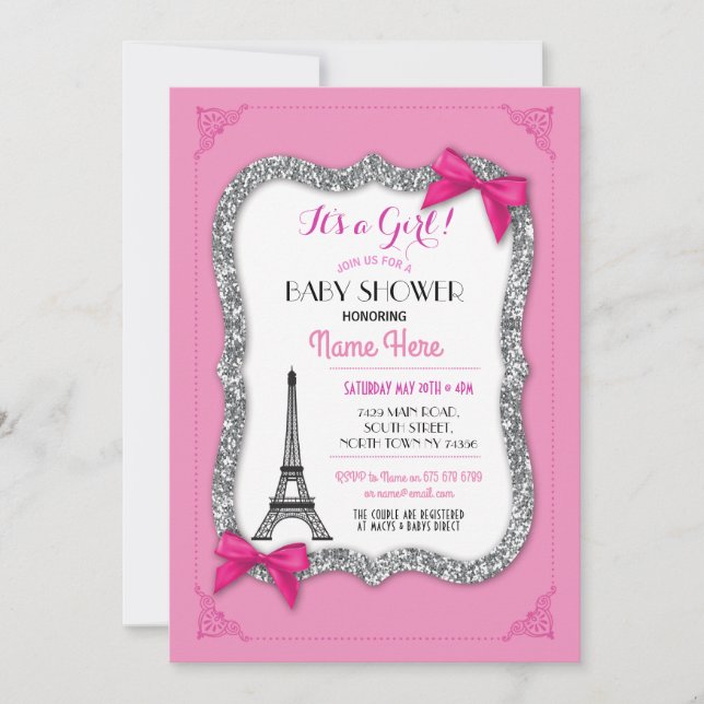 Invitación La torre Eiffel del rosa del chica de París Baby (Anverso)