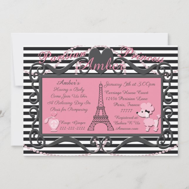 Invitación La Torre Eiffel Paris Pink Poodle Invito Baby Show (Anverso)