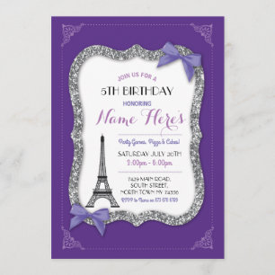 Invitación La torre Eiffel púrpura del chica del cumpleaños