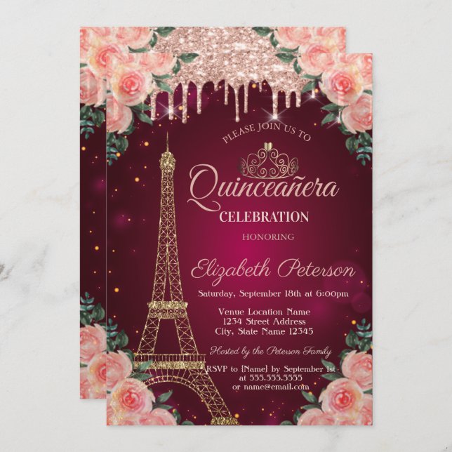 Invitación La Torre Eiffel purpurina perfora la Quinceañera f (Anverso / Reverso)