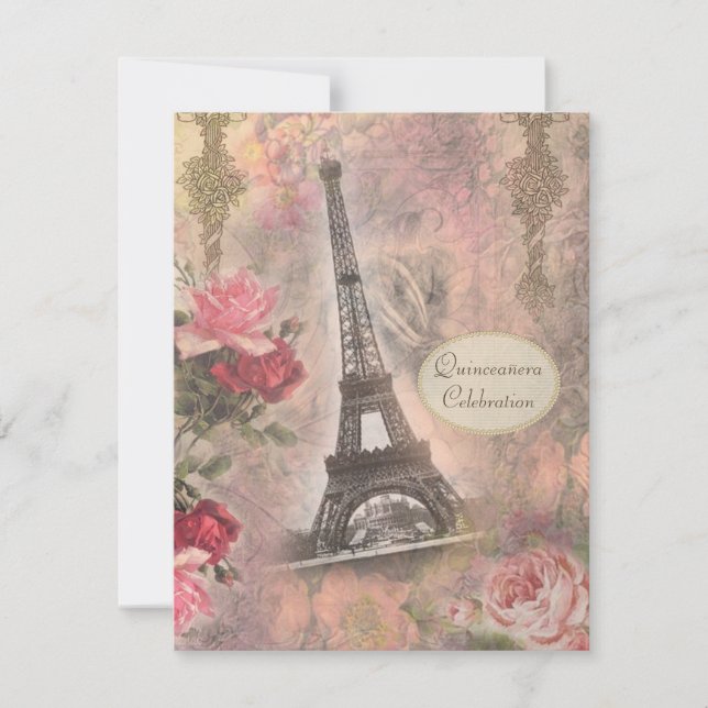 Invitación La torre Shabby Chic Eiffel y los Rosas Quinceaner (Anverso)