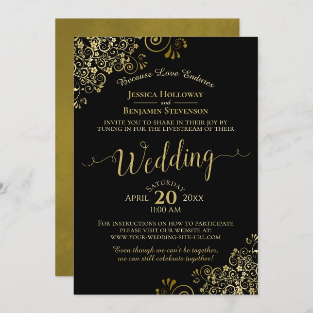 Invitación La transmisión en vivo del Boda virtual Gold Frill (Anverso / Reverso)