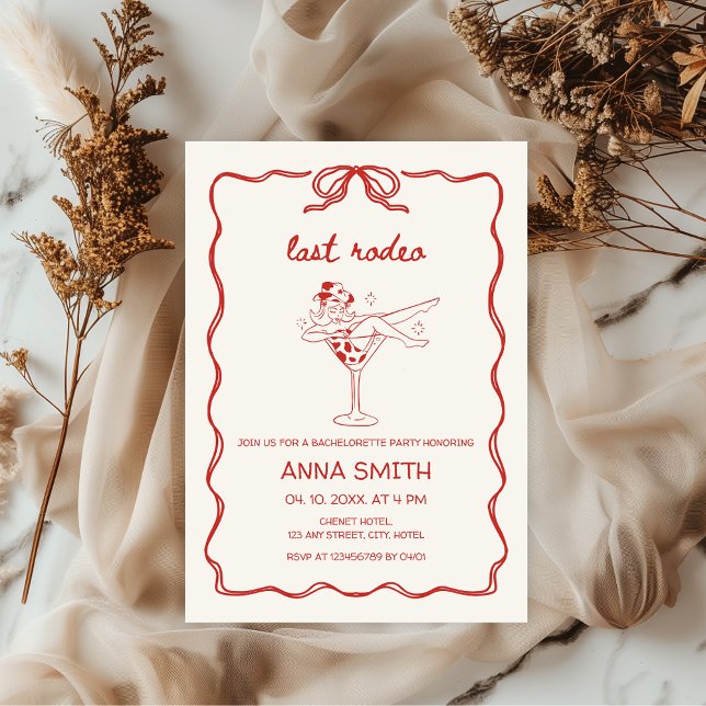 Invitación La última Bachelorette Roja Roja de Rodeo dibujada (Last Rodeo Bachelorette Party Nash Bash, Giddy Up, Let's go girls, hand-drawn invitation Cowgirl)