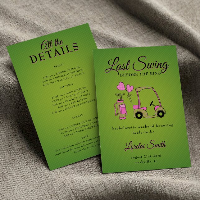 Invitación La última gira antes de la fiesta de la soltera de ( Last Swing Before the Ring! Pink & Green Golf-Themed Bachelorette Weekend Invitation)