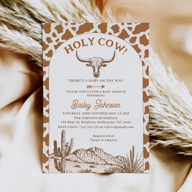 Invitación La vaca boho rusa imprime Baby Shower de vaca sagr (Holy Cow Baby Shower Invitation, Brown Cow Print, Western Desert, Longhorn Cow, Cow Themed Shower)