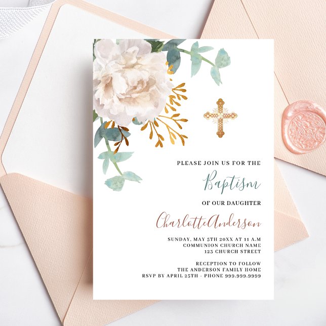 Invitación La vegetación blanca floral el oro cruza el bautis (Subido por el creador)