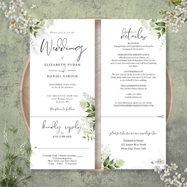 Invitación La vegetación botánica deja a todos en un Boda (Botanical Greenery Leaves All In One Wedding Invitation)