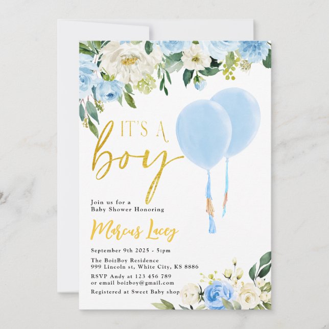 Invitación La vegetación de globos azules "It's A Boy" en Bab (Anverso)