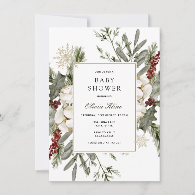 Invitación La vegetación de invierno y la Baby Shower floríst (Anverso)
