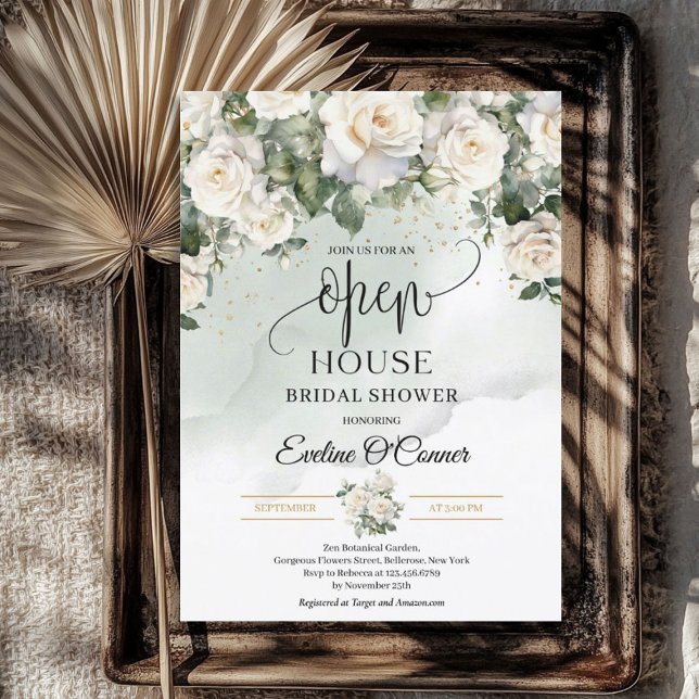 Invitación La vegetación de las rosas blancas del Boho y la c (Boho White Roses Greenery and Gold Open House Invitation)