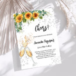 Invitación La vegetación de los girasoles anima el cumpleaños<br><div class="desc">Una invitación moderna,  elegante y glamurosa para el 21º (o cualquier cumpleaños adulto). Un fondo blanco con burbujas,  un par de flautas,  gafas,  girasoles y vegetación eucaliptica. El nombre está escrito con una escritura de estilo con letras a mano moderna. Personalice y agregue los detalles de su fiesta.</div>