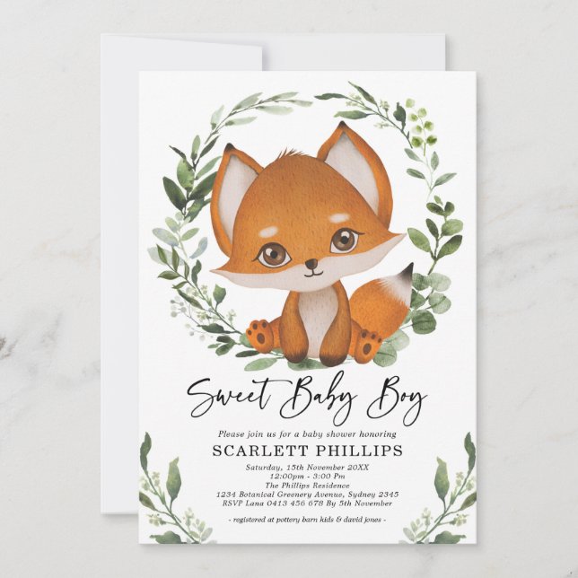 Invitación La vegetación del bosque de Curte Fox Wreath Baby  (Anverso)
