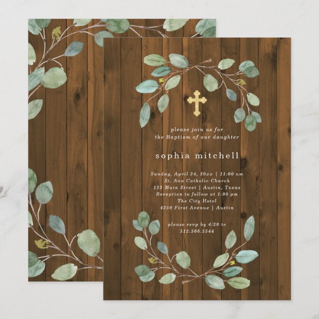 Invitación La vegetación del eucalipto rústico y el bautismo  (Anverso / Reverso)