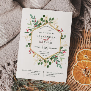 Invitación La vegetación dorada en blanco   Boda de Navidades