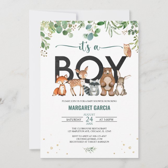 Invitación La vegetación es un niño Woodland Animals Baby Sho (Anverso)