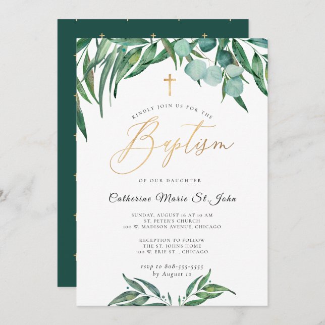 Invitación La vegetación Eucalipto Faux Gold Bautismo (Anverso / Reverso)