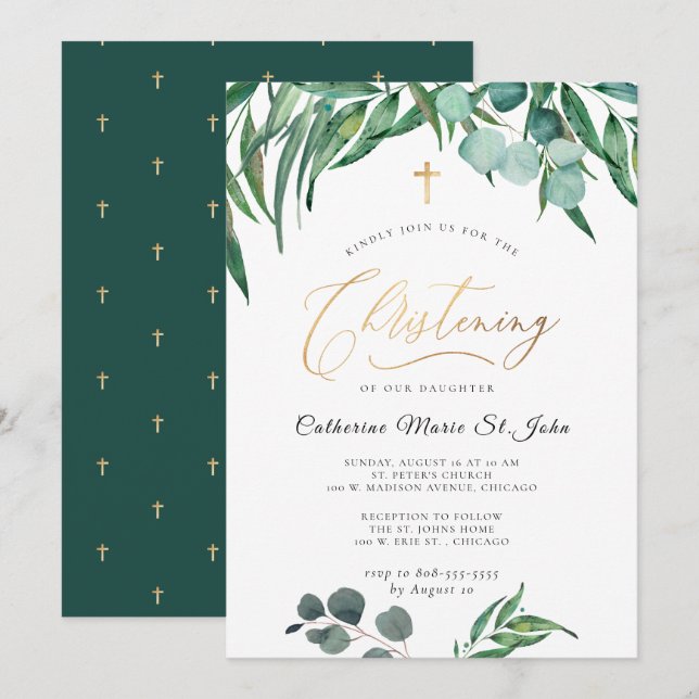 Invitación La vegetación Eucalipto Faux Gold Christening (Anverso / Reverso)