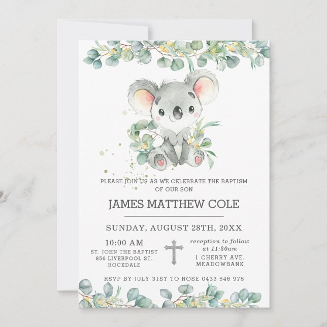 Invitación La vegetación Eucalyptus Cute Koala Bautismo Chris (Anverso)