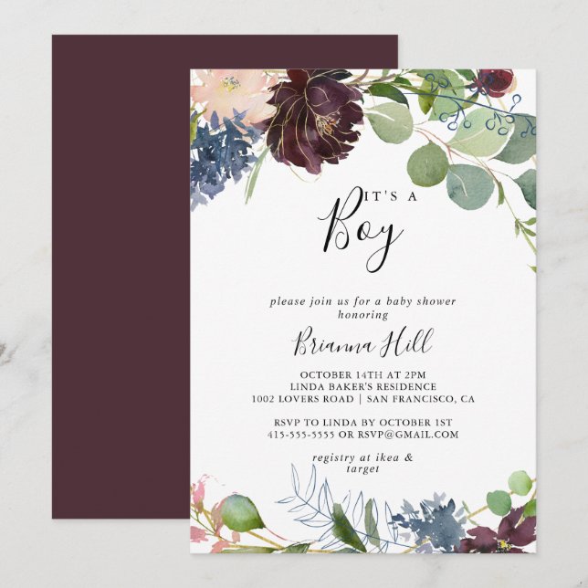 Invitación La vegetación floral borgoñona es un niño Baby Sho (Anverso / Reverso)