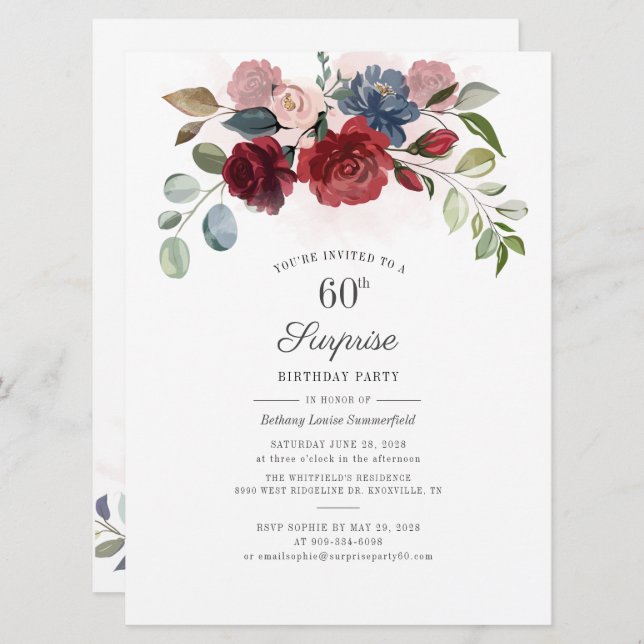 Invitación La vegetación floral de Borgoña Sorpresa 60 cumple (Anverso / Reverso)
