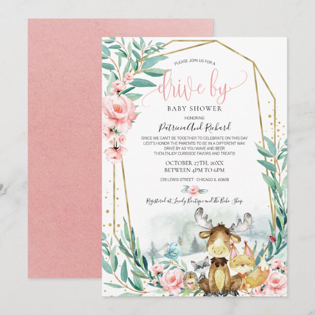 Invitación La Vegetación Floral De Woodland Por Baby Shower (Anverso / Reverso)