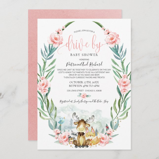 Invitación La Vegetación Floral De Woodland Por Baby Shower (Anverso / Reverso)