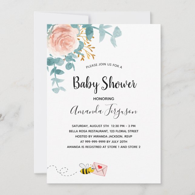 Invitación La vegetación floral rosa de Baby Shower adorable  (Anverso)