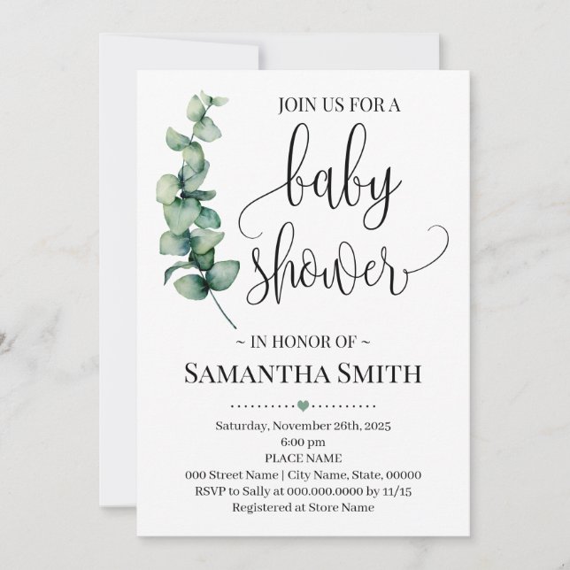 Invitación La vegetación minimalista ducha de bebé eucalipto (Anverso)