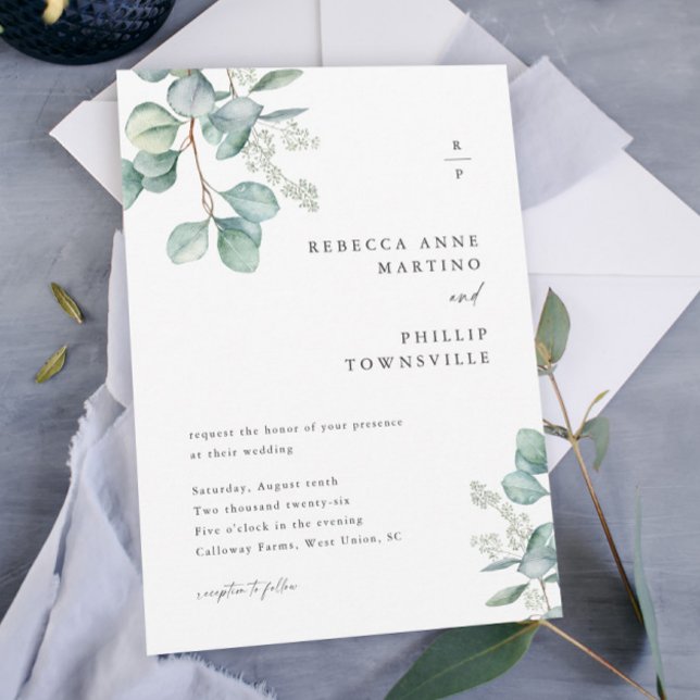 Invitación La vegetación moderna deja a Eucalyptus Boda (A modern watercolor eucalyptus wedding invitation with couples monogram and hand-painted greenery.)