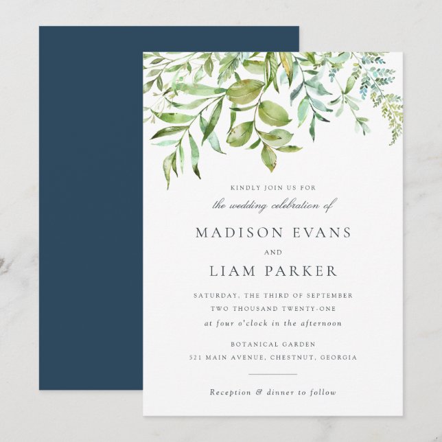 Invitación La vegetación moderna deja al Boda de la Marina (Anverso / Reverso)